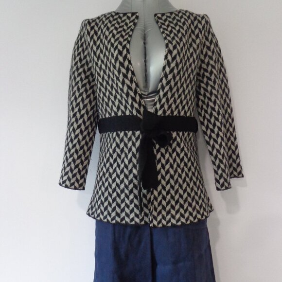 Heather‎ B 100% Wool Sweater Jacket Velvet Tie Waist Diamond Black Gray Size M - Picture 1 of 7